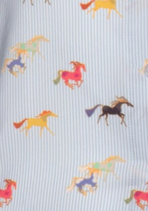 Espoir Colorful Running Horses on Blue Stripe  Ladies Button Shirt