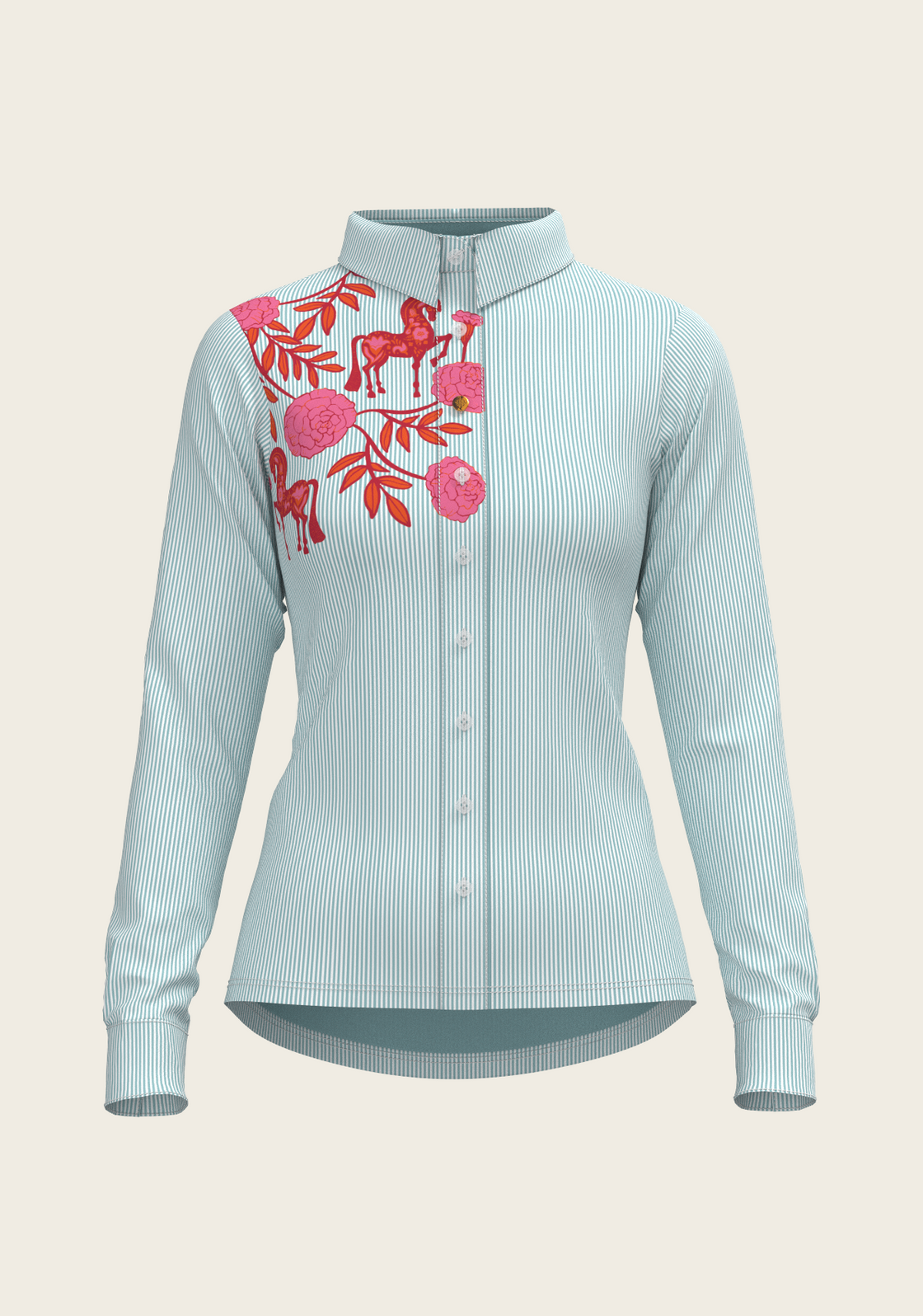 Peony in Pink on Blue Stripes Ladies Casual Button Shirt Pre Order!!