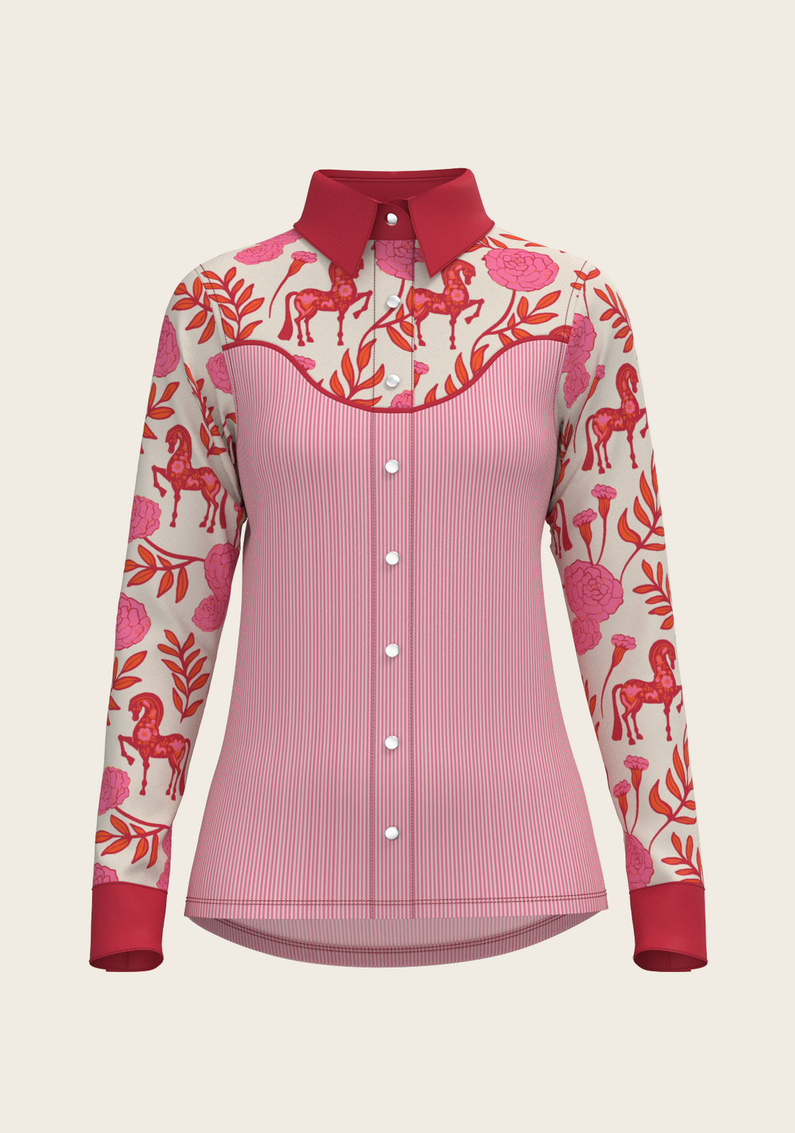 Western Peony in Pink with Stripes Ladies Snap Shirt