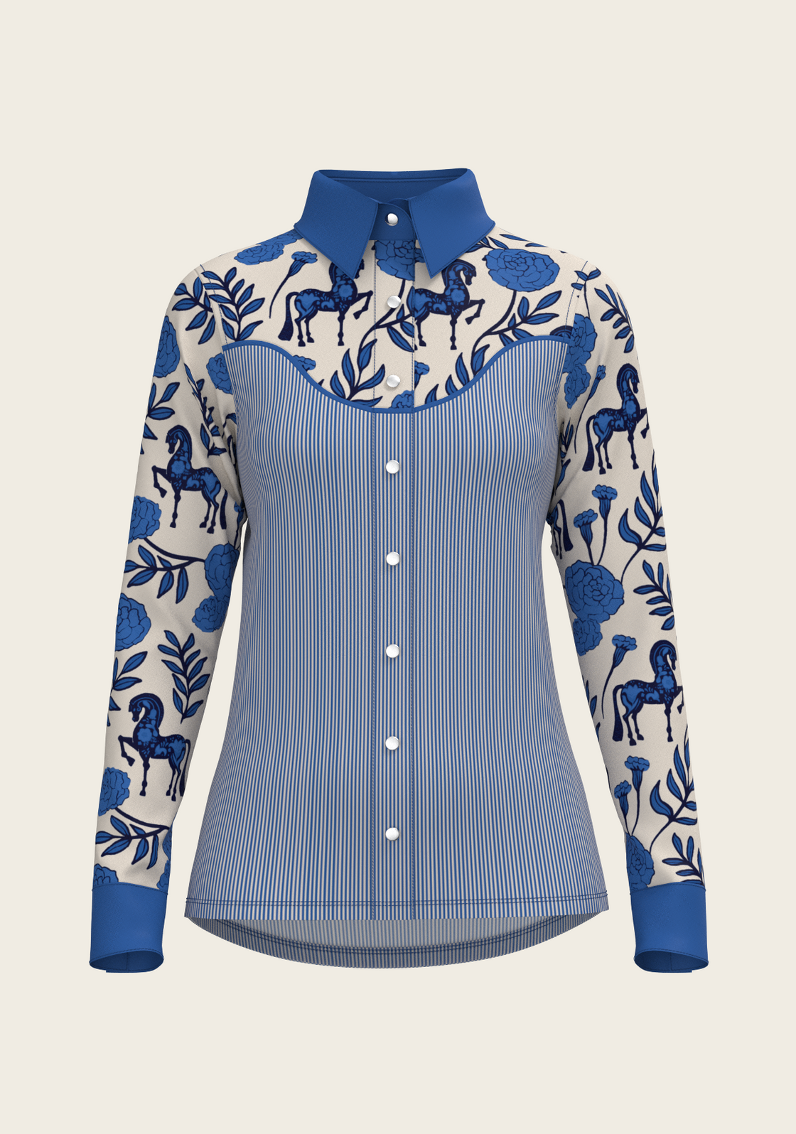 Western Peony in Blue with Stripes Ladies Snap Shirt