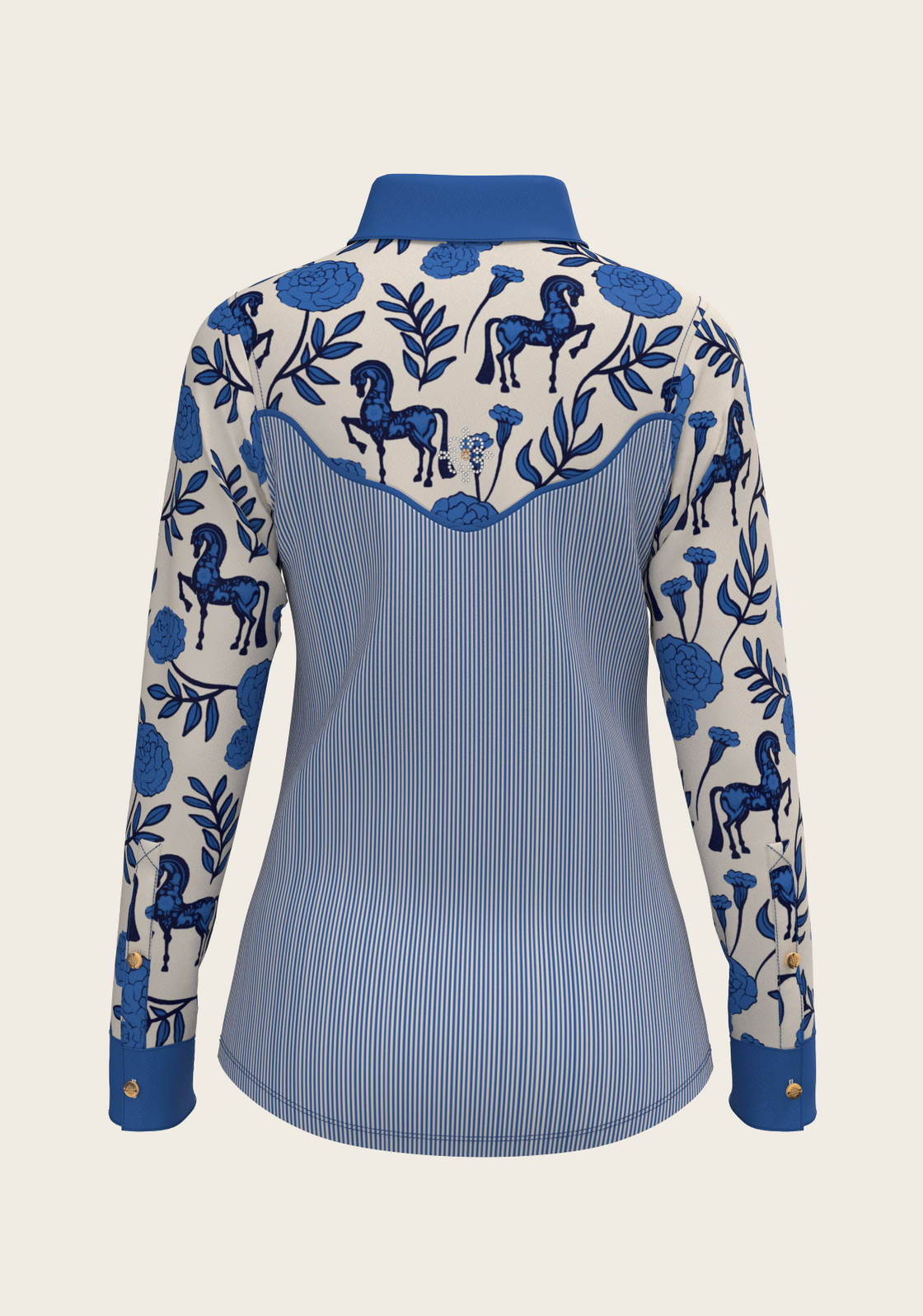 Western Peony in Blue with Stripes Ladies Snap Shirt